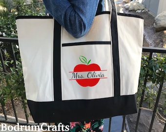 Teacher Canvas Tote Bags, Personalized Custom Teacher Totes, Teacher School Totes, Book Bag, Best Teacher Ever, Teacher Christmas Gifts