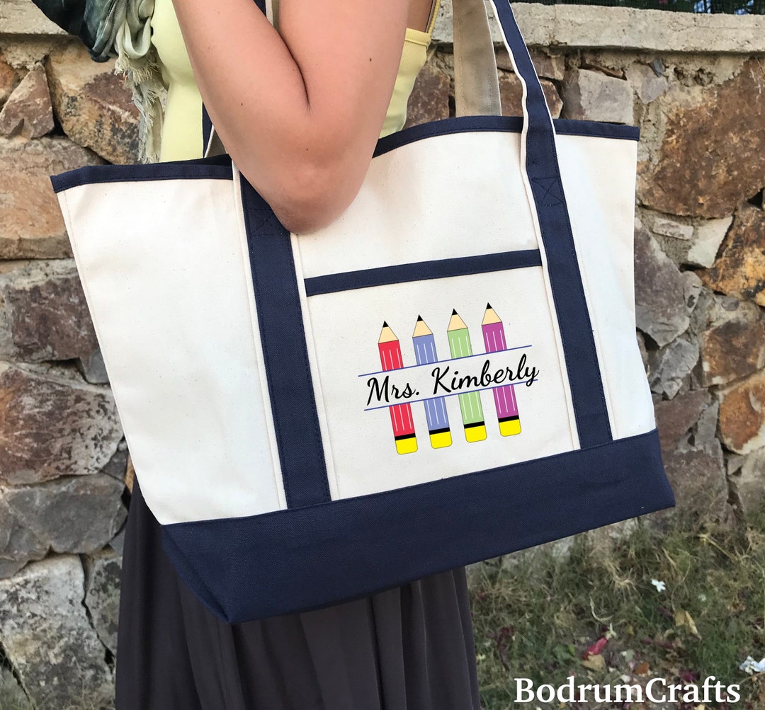 Personalized Teacher Canvas Tote Bag, Custom Book Bag With Pockets - Etsy