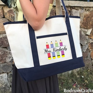 Custom Teacher Canvas Tote Bags, Personalized Custom Teacher Totes with Pockets, Teacher Gift, Book Bag, Best Teacher Ever