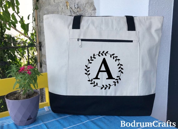 Custom Canvas Tote Bags With Initials Personalized Monogrammed Bag With Pocket Cute Totes With Zipper Wedding Bridesmaid Gift for Women Etsy