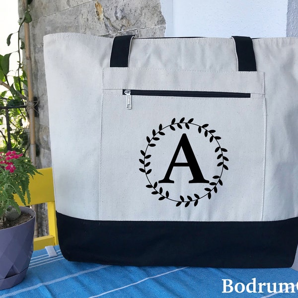 Sacs fourre-tout en toile personnalisés avec initiales, sac à monogramme personnalisé avec poche, jolis fourre-tout avec fermeture à glissière, cadeau de mariage de demoiselle d'honneur pour femme