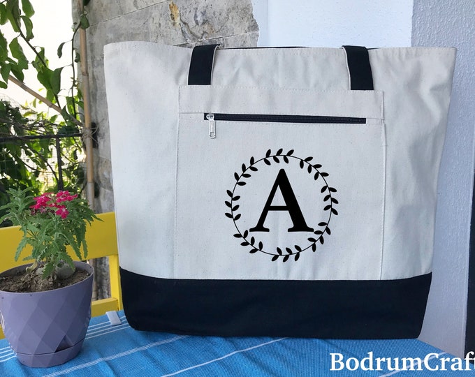Custom Canvas Tote Bags with Initials, Personalized Monogrammed Bag with Pocket, Cute Totes with Zipper, Wedding Bridesmaid Gift for Women