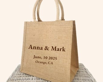 Custom Printed Wedding Welcome Bags, Personalized Jute Gift Bags, Bridal Burlap Gift Bags, Wedding Bag Favors