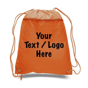 May include: Orange drawstring bag with a zipper closure. The bag has black text that says "Your Text / Logo Here".