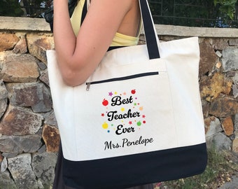 Teacher Appreciation Gift Bags Personalized, Custom Teacher Canvas Tote Bags, School Bag, Best Teacher Ever, Back to School Gifts