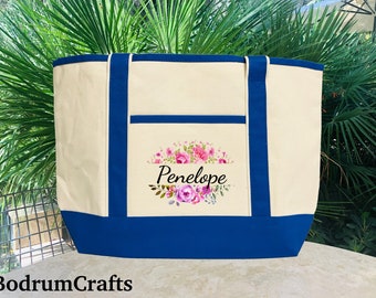 Personalized Canvas Tote Bags with Name, Custom Gift Bags for Women, Printed Flowers Art Design, Wedding Bride Bridesmaid Cute Bags