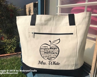 Personalized Teacher Canvas Tote Bag, Custom Name Gift