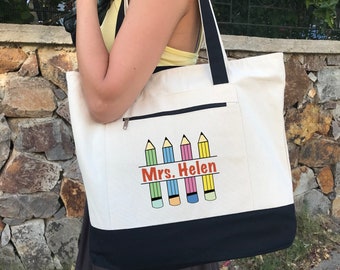 Teacher Canvas Tote Bags, Personalized Custom Teacher Totes, Teacher Gift, Book Bag, Best Teacher Ever, Cotton Tote Bags Apples