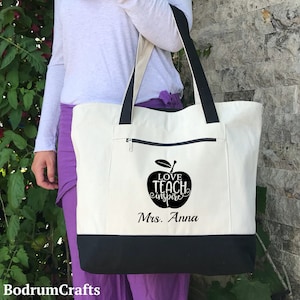 Teacher Canvas Tote Bags, Personalized Custom Teacher Totes, Teacher Gift, Book Bag, Teacher Appreciation Gifts