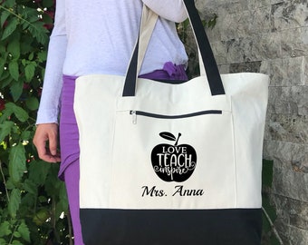Personalized Teacher Canvas Tote Bag, Custom Book Bag