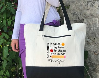 Teacher Canvas Tote Bags, Personalized Custom Teacher Bags and Totes, Monogrammed Teacher Appreciation Gifts with Pockets, Best Teacher Ever