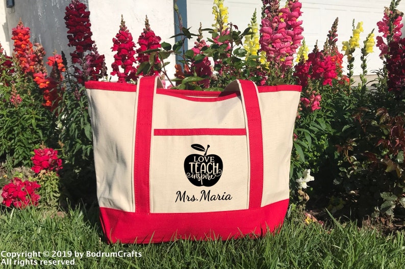 Teacher Canvas Tote Bags, Personalized Custom Teacher Totes, Teacher Gift, Book Bag, Best Teacher Ever