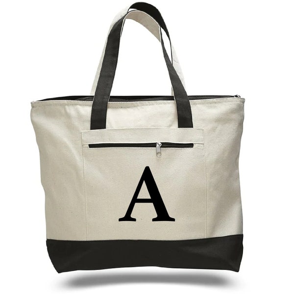 Custom Canvas Tote Bags with Initials, Monogram Design, Personalized Bag with Pocket and Top Zipper, Wedding Bride Bridesmaid Gift for Women