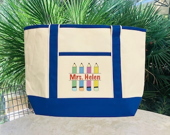 Teacher Gifts, Custom Canvas Tote Bags, Personalized Teacher Bag and Totes with Pockets, Rainbow Design Gift, School Bag, Best Teacher Ever