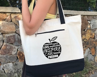 Teacher Canvas Tote Bags, Custom Apple Logo Teacher Totes, Teacher Gift, Book Bag, Teacher Appreciation Gifts