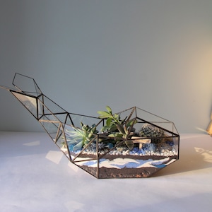Può includere: Un terrario di vetro geometrico con una struttura in metallo nero, riempito di piccole piante, sabbia bianca e pietre blu. Un piccolo cartello di legno recita "Small Wonders".