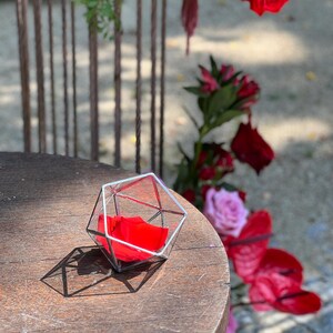 May include: A geometric glass terrarium with a red rose petal inside. The terrarium is sitting on a wooden table.
