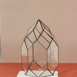 May include: Geometric glass terrarium with a black metal frame, resting on a white rectangular base. The terrarium has a pointed top and is designed with multiple clear glass panels.