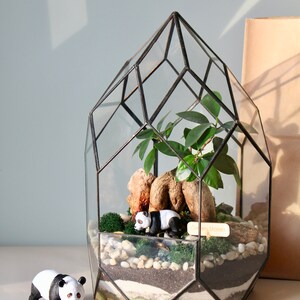 May include: Geometric glass terrarium with a miniature panda figurine, small rocks, and a small plant. The terrarium has a black metal frame and contains layers of sand and soil. A second panda figurine is in front of the terrarium.