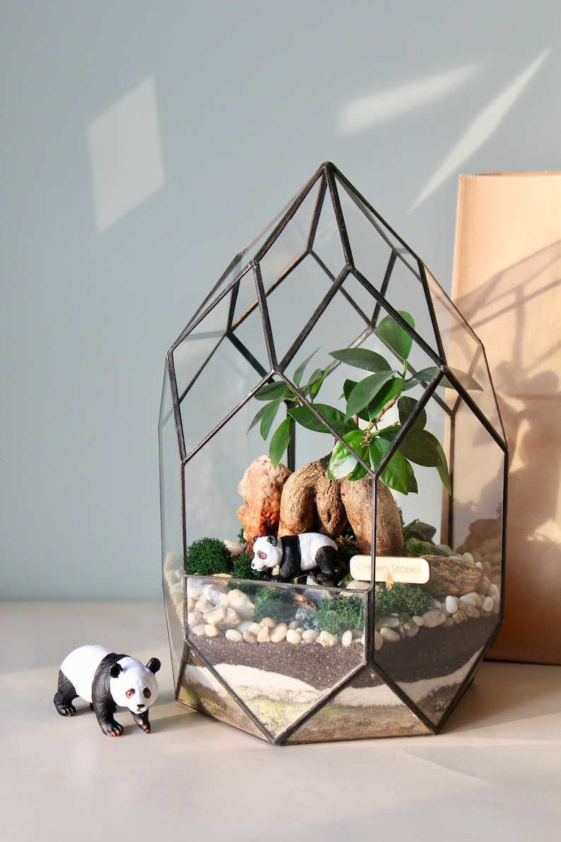 May include: Geometric glass terrarium with a miniature panda figurine, small rocks, and a small plant. The terrarium has a black metal frame and contains layers of sand and soil. A second panda figurine is in front of the terrarium.