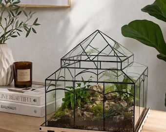 Large Glass Terrarium with Wooden Base – Handmade Geometric Greenhouse, Statement Home Decor, Unique Gift for Plant Lover