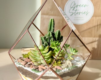 Terrarium géométrique en verre - Jardinière faite main, décoration de bureau