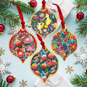 Christmas Ornaments - Australian Christmas Tree Decorations, Set of 4 Wooden Christmas Baubles, Cockatoos & Proteas, Aussie Christmas Gift
