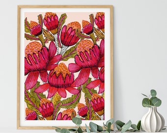 May include: A framed print featuring a pink and green floral pattern. The print features a close-up of pink flowers with yellow centers and green leaves.