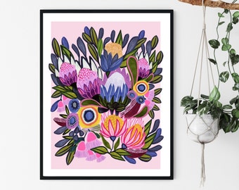 Protea Flowers Australian Art Print, Botanical Wall Art, Flower Wall Art, Native Flora Painting, Wall Decor, Giclee Print, Kirsten Katz Art