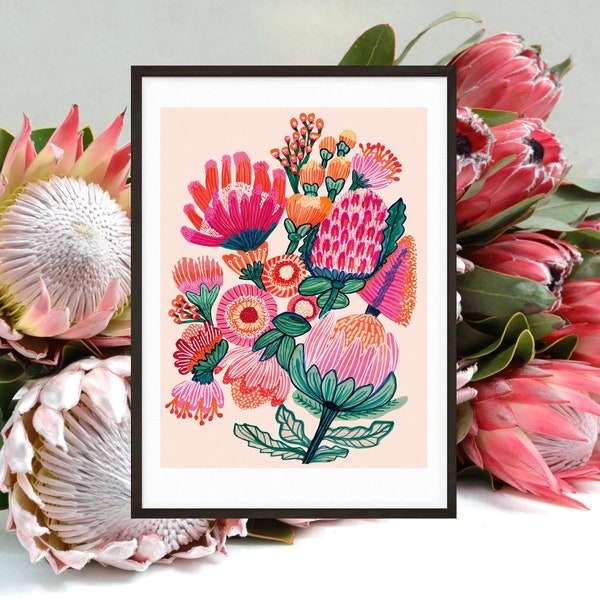 Botanical Wall Art, Australian Native Flowers Wall Art Prints, Protea Flowers Painting, Giclee Art Print, Gift for Her, Kirsten Katz