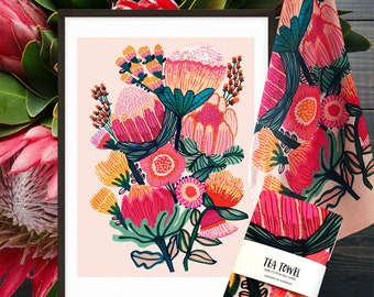 Australian Art Gift Set, Christmas Gifts for Her, Botanical Wall Art Print, Australian Flowers Tea Towel, Australian Souvenirs, Kirsten Katz