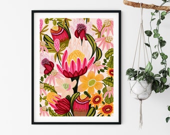 Australian Flowers Wall Art Print, Botanical Art Prints, Native Flower Wall Decor, King Protea Flowers Painting, Gift for Her, Kirsten Katz