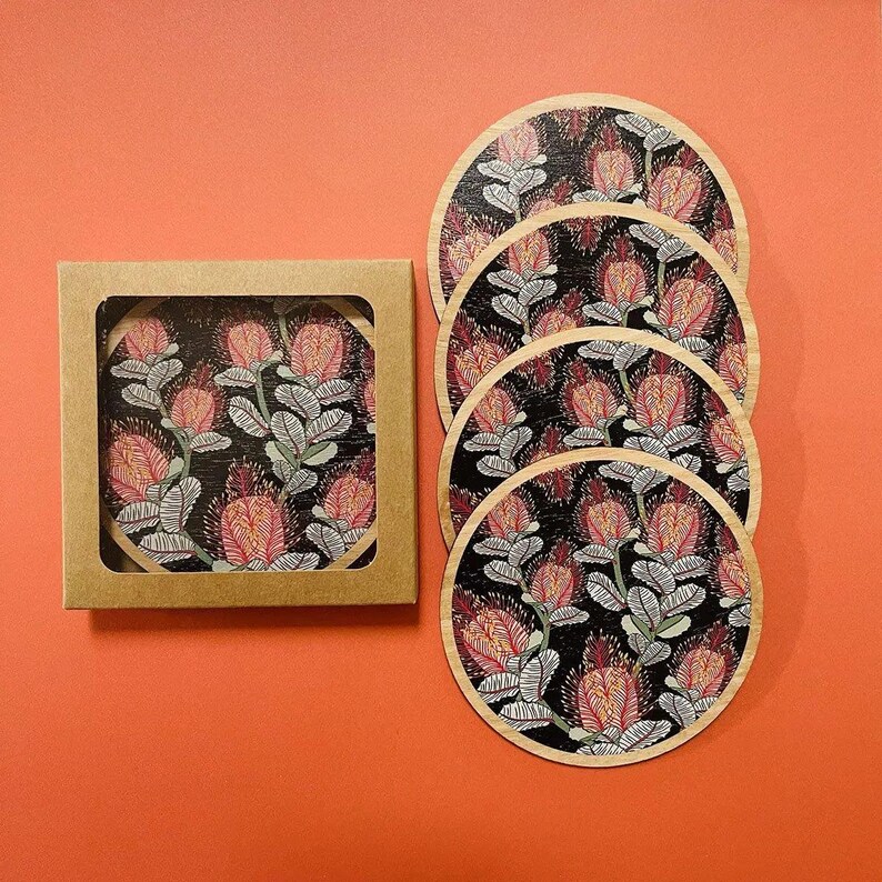 Coral Banksias Australian Wooden Coaster Set Kirsten Katz