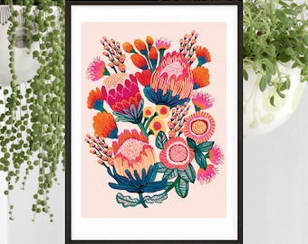 Botanical Wall Art, Australian Flowers Art Print, Protea Flowers Wall Decor, Native Flora, Giclee Print, Original Painting, Kirsten Katz