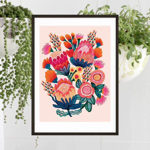 Botanical Wall Art, Australian Flowers Art Print, Protea Flowers Wall Decor, Native Flora, Giclee Print, Original Painting, Kirsten Katz