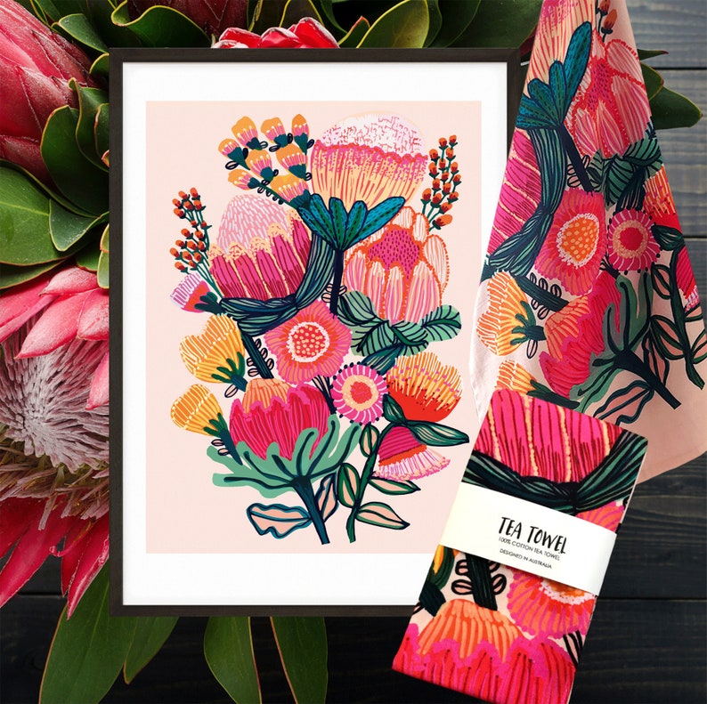 Australian gift set for her with a botanical wall art print and matching designer tea towel printed with an original painting of Australian native flowers, proteas and gum blossoms by Kirsten Katz