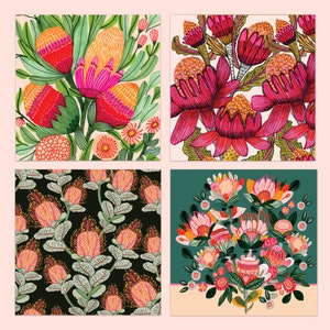 Australian Flowers, Greeting Cards, Greeting Card Set, Botanical Prints, Australian Flora, Proteas, Banksia, Waratah, Kirsten Katz