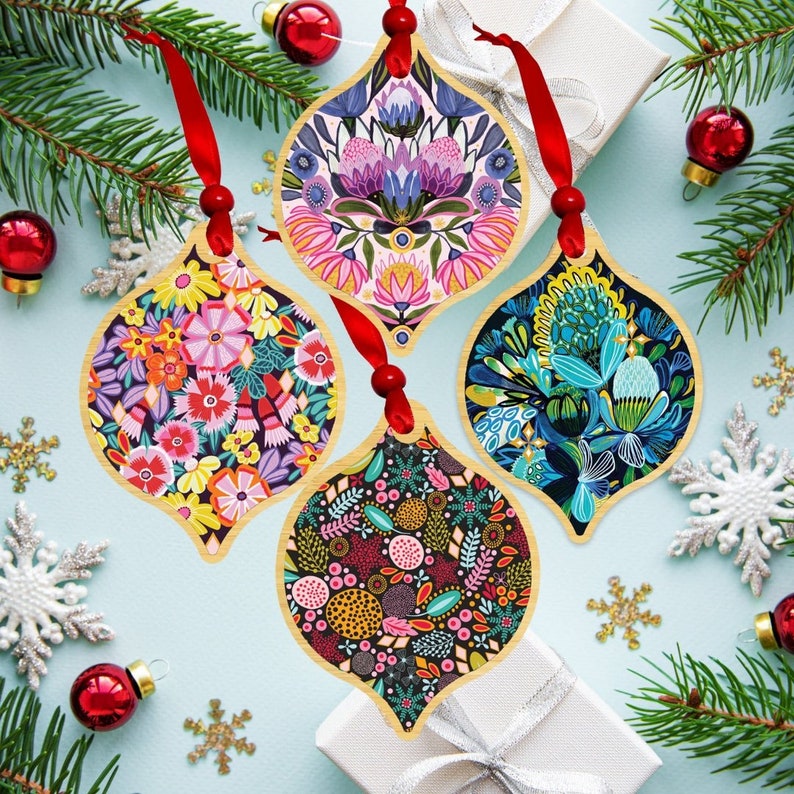 Australian Christmas Floral Bling Wooden Bauble Set - Kirsten Katz