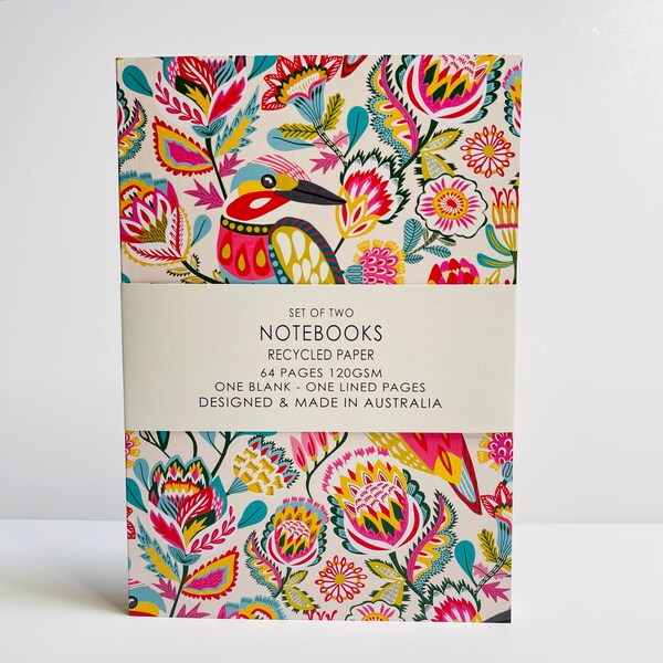 Notebook A5, Set of 2 Journal Notebooks, Recycled Paper, Blank Sketchbook, Back to School, Kingfisher Birds, Designed & Printed in Australia