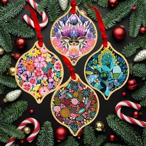 Australian Christmas Floral Bling Wooden Bauble Set - Kirsten Katz