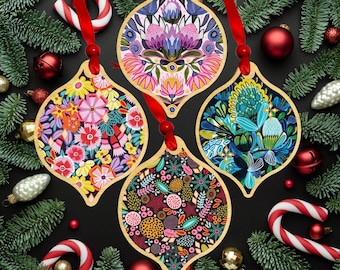 Australian Christmas Floral Bling Wooden Bauble Set