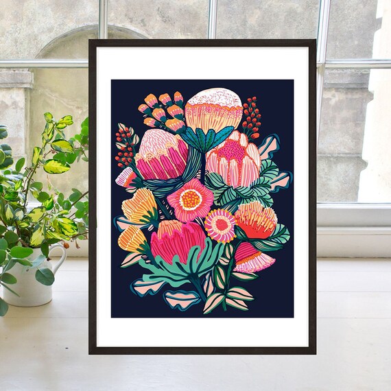 Botanical Wall Art Print, Protea Flowers Print, Australian Flora