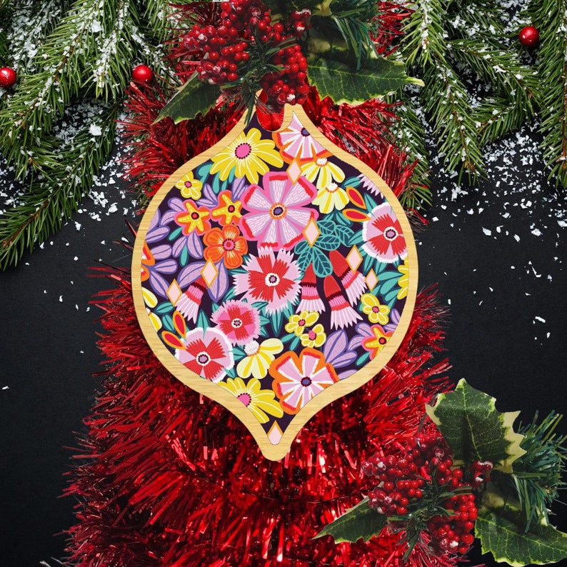 Australian Christmas Floral Bling Wooden Bauble Set - Kirsten Katz