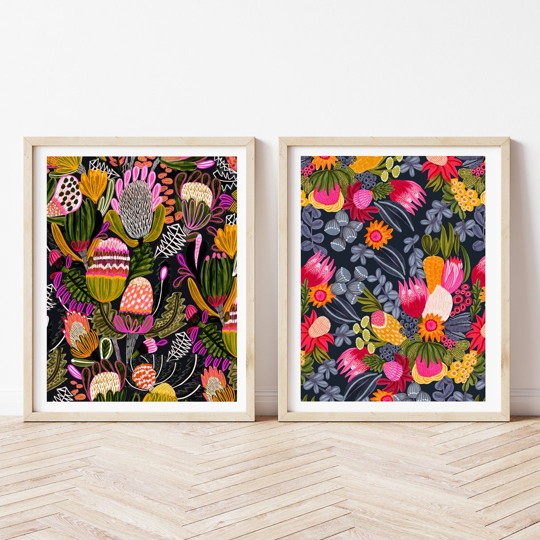 Australian Native Flowers Wall Art Prints, Set of 2 Botanical Art Prints, Protea Flowers, Wall