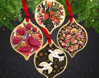 Christmas Ornaments - Set of 4 Australian Native Flowers Wooden Christmas Bauble Set