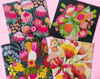 Australische bloemen wenskaart set van 4, botanische kunst wordt afgedrukt, blanco wenskaarten, Australische flora, Australiana geschenken, Kirsten Katz