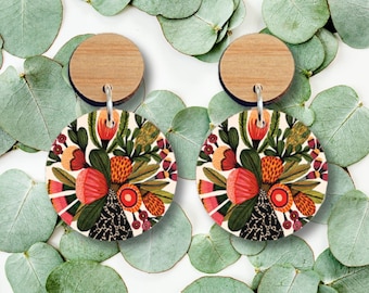 Australian Native Flowers Wooden Earrings, Botanical Drop Earrings, Lightweight Statement Jewellery, Australian Made Gift for Her