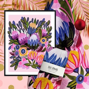 Australian Christmas Gift Set, Gift for Her, Botanical Art, Protea Flowers Tea Towel, Australian Gifts, Gift for Women, Kirsten Katz Art