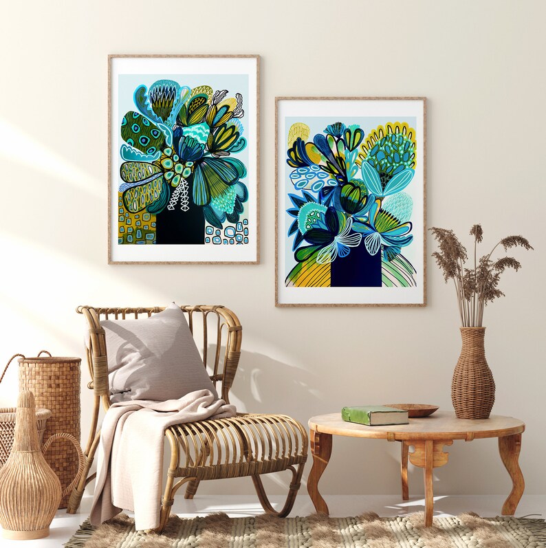 Abstract Painting Modern Wall Art Australian Flowers Set of | Etsy