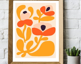 May include: A framed print with a stylized floral design. The flowers are orange, pink, and yellow on a cream background.